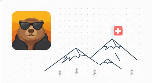 Marmiq logo beside a line drawing of Swiss alps with a flag on the summit.